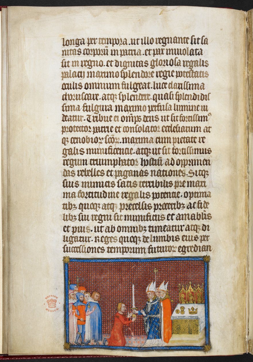 Cotton Tiberius B. VIII f.49v Arcibiskup z Remeše vrací meč králi, ilustrace z „Korunovační knihy Karla V., krále francouzského“ od Master of the Coronation Book of Charles V