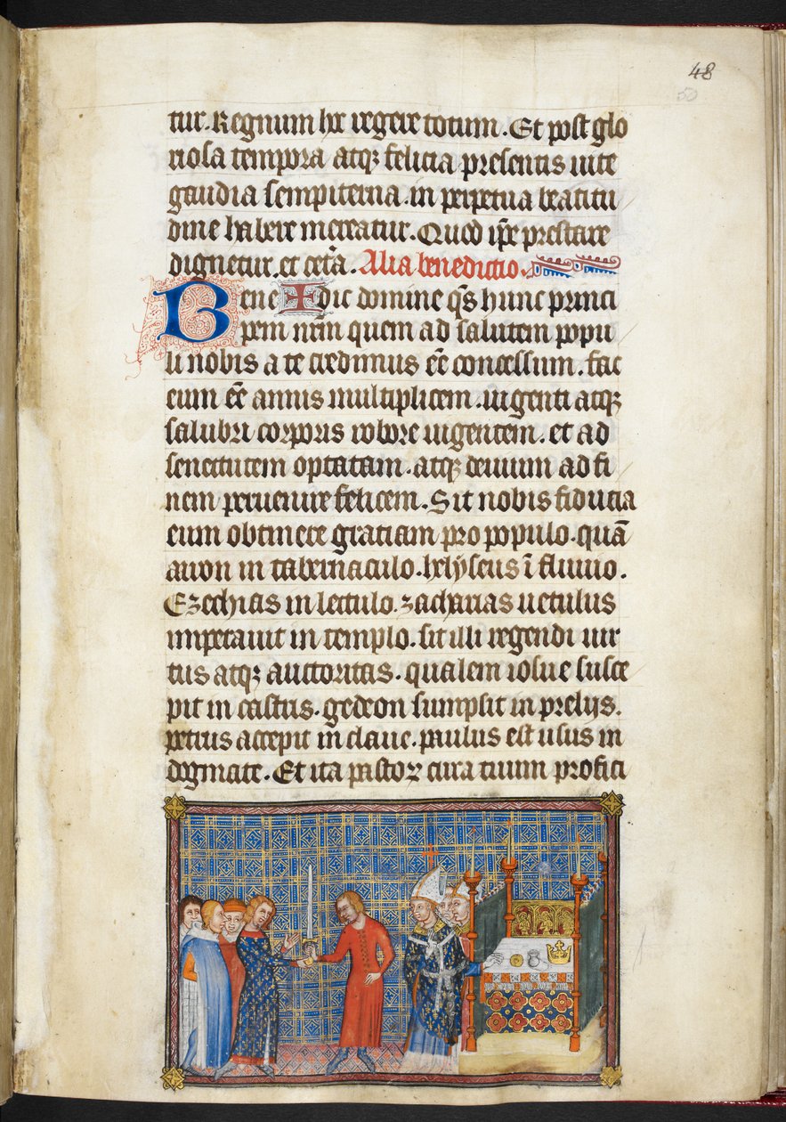Cotton Tiberius B. VIII f.50r Král předávající meč Seneschalovi (vévodovi z Anjou), z 