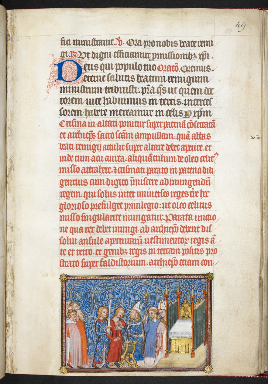 Bavlna Tiberius B. VIII f.51r, arcibiskup z Remeše rozepínající královu tuniku, z „Korunovací knihy Karla V., krále francouzského“ od Master of the Coronation Book of Charles V