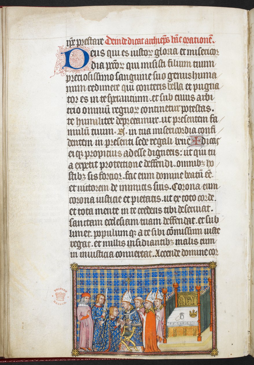 Cotton Tiberius B. VIII f.55v Král přijímající pomazání rukou, z 