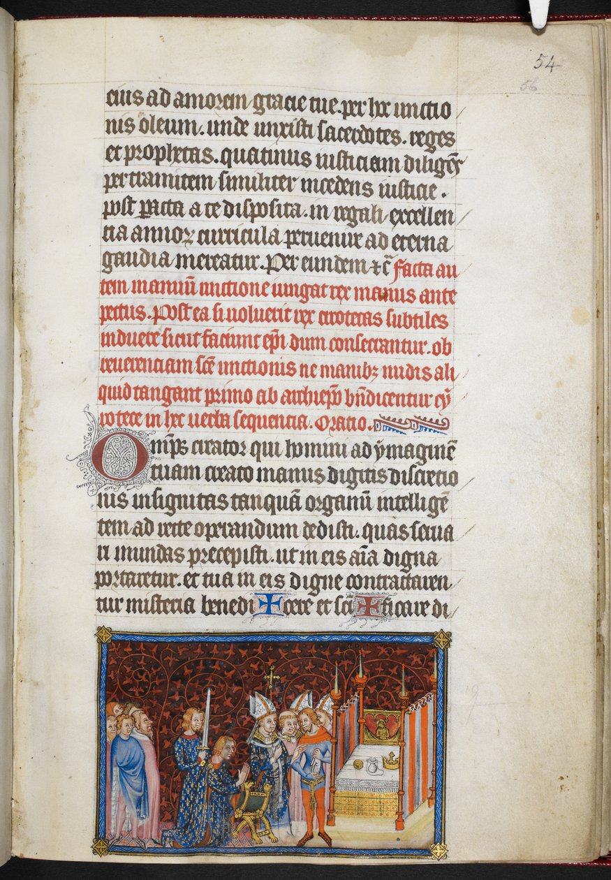 Bavlna Tiberius B. VIII f.56r Arcibiskup z Remeše požehnání královských rukavic z „Korunovační knihy Karla V., krále francouzského“ od Master of the Coronation Book of Charles V
