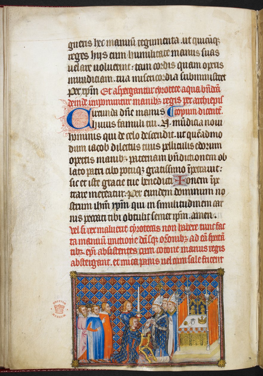 Bavlna Tiberius B. VIII f.56v, arcibiskup z Remeše vkládající rukavice na ruce krále, z „Korunovací knihy Karla V., krále francouzského“ od Master of the Coronation Book of Charles V