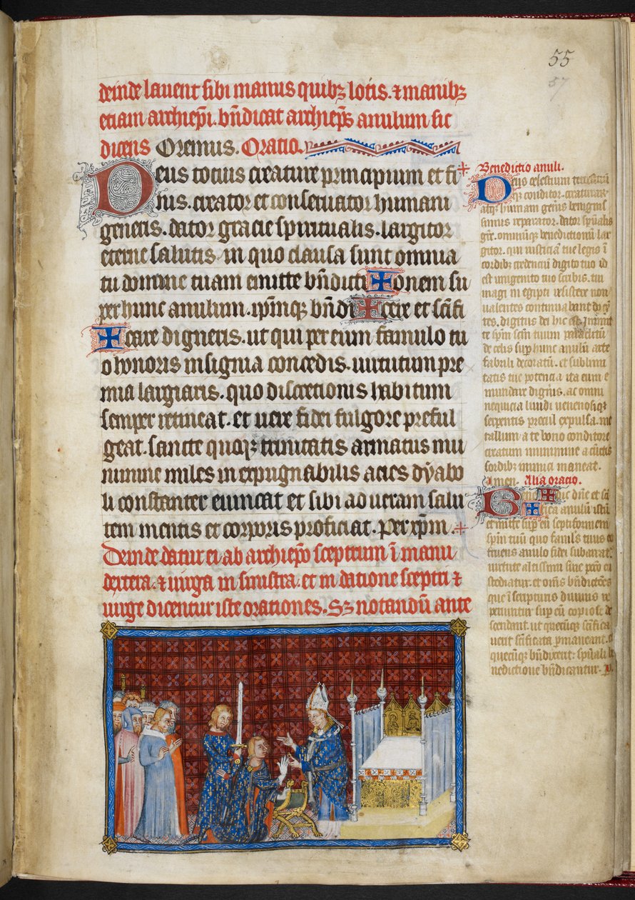 Bavlna Tiberius B. VIII f.57r Král přijímající prsten 