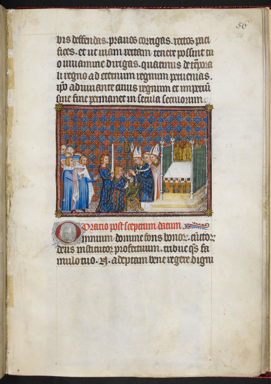 Cotton Tiberius B. VIII f.58r Král přebírající žezlo a virgu („Main de la Justice“) z „Korunovací knihy Karla V., krále francouzského“ od Master of the Coronation Book of Charles V