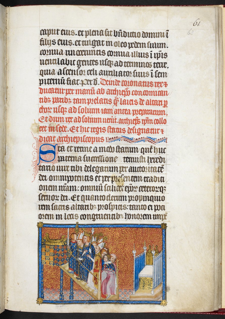 Cotton Tiberius B. VIII f.63r Vrstevníci Francie vedoucí krále na trůn na solium, z 
