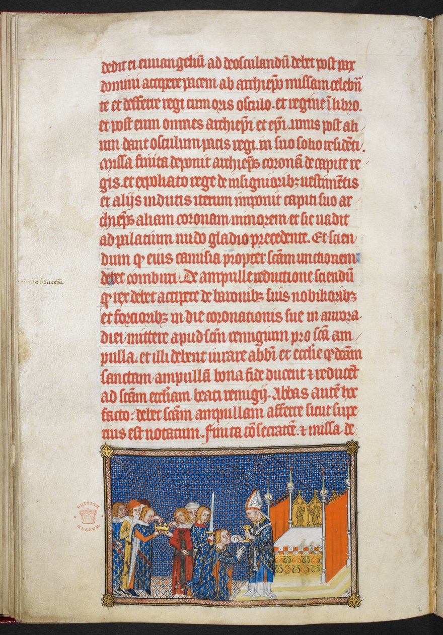 Cotton Tiberius B. VIII f.65v Král Karel V. klečící jako arcibiskup z Remeše si vkládá hostii do úst, ilustrace z „Korunovační knihy Karla V., krále francouzského“ od Master of the Coronation Book of Charles V
