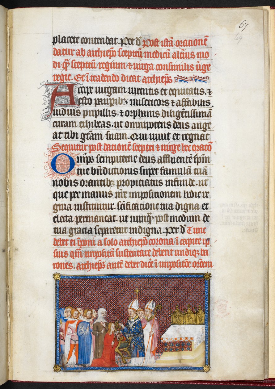 Bavlna Tiberius B. VIII f.69r Královna přebírající žezlo a virga, z 