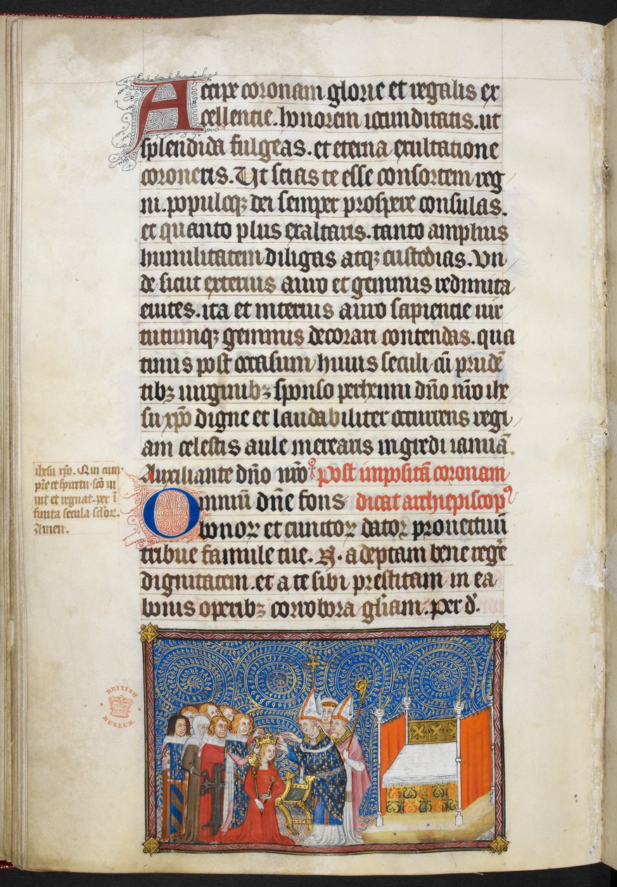 Cotton Tiberius B. VIII f.69v Arcibiskup z Remeše klade korunu na hlavu královny a baroni podpírali její korunu, ilustrace z „Korunovací knihy Karla V., krále francouzského“ od Master of the Coronation Book of Charles V