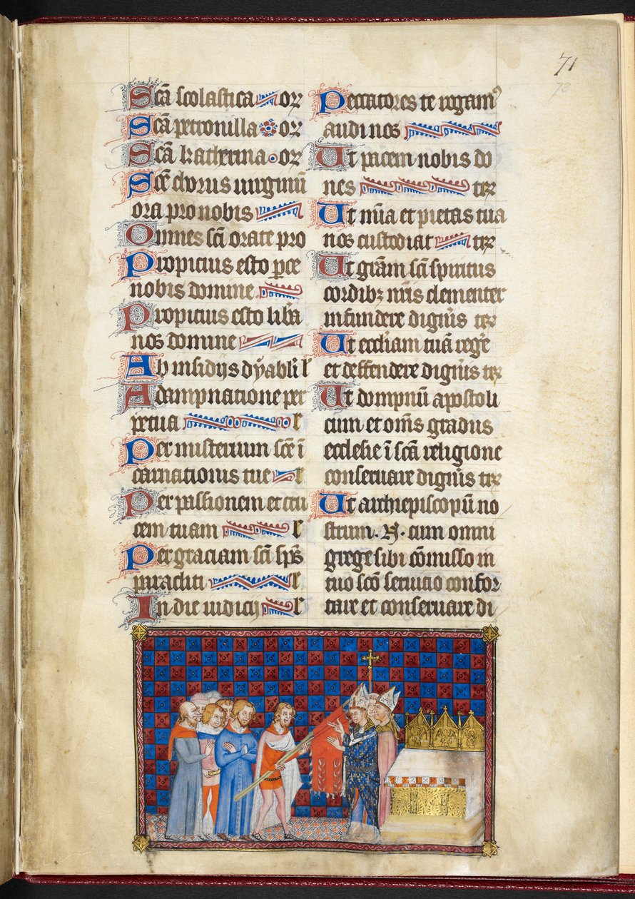 Bavlna Tiberius B. VIII f.73r, Arcibiskup z Remeše žehná Oriflamme, ilustrace z „Korunovační knihy Karla V., krále francouzského“ od Master of the Coronation Book of Charles V