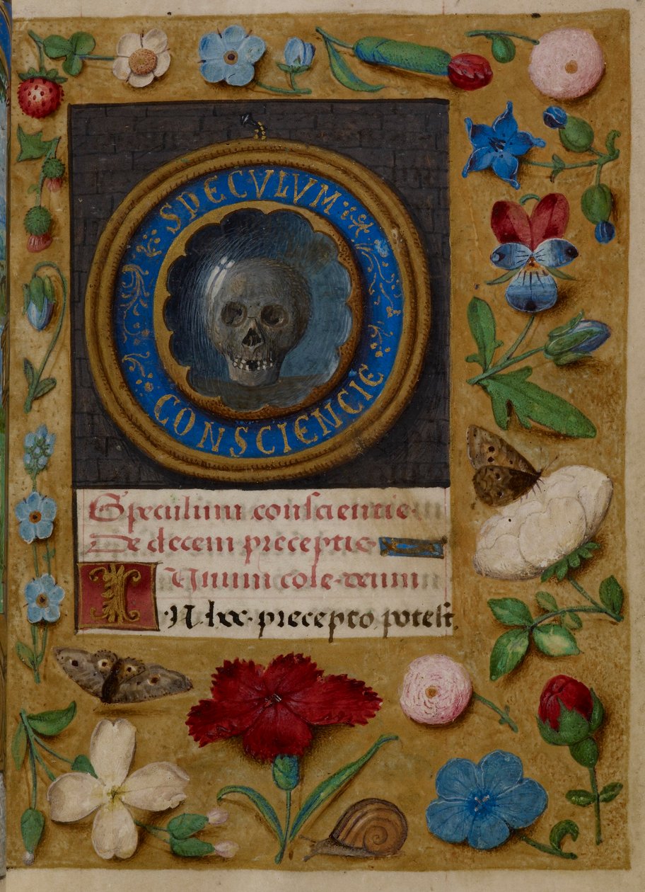 Otevření ilustrace Speculum Conscientie (Mirror of Conscience) z „Hours of Joanne of Kastilie“, c.1496-1506 (vellum) od Master of the David Scenes