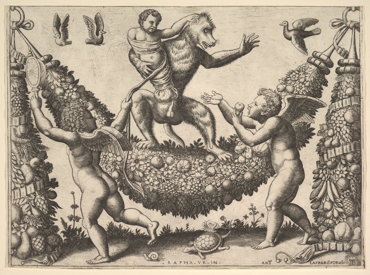 Opice držící svázaného putta stojící na girlandě, před níž jsou dva okřídlené p..., 1530-60. od Master of the Die