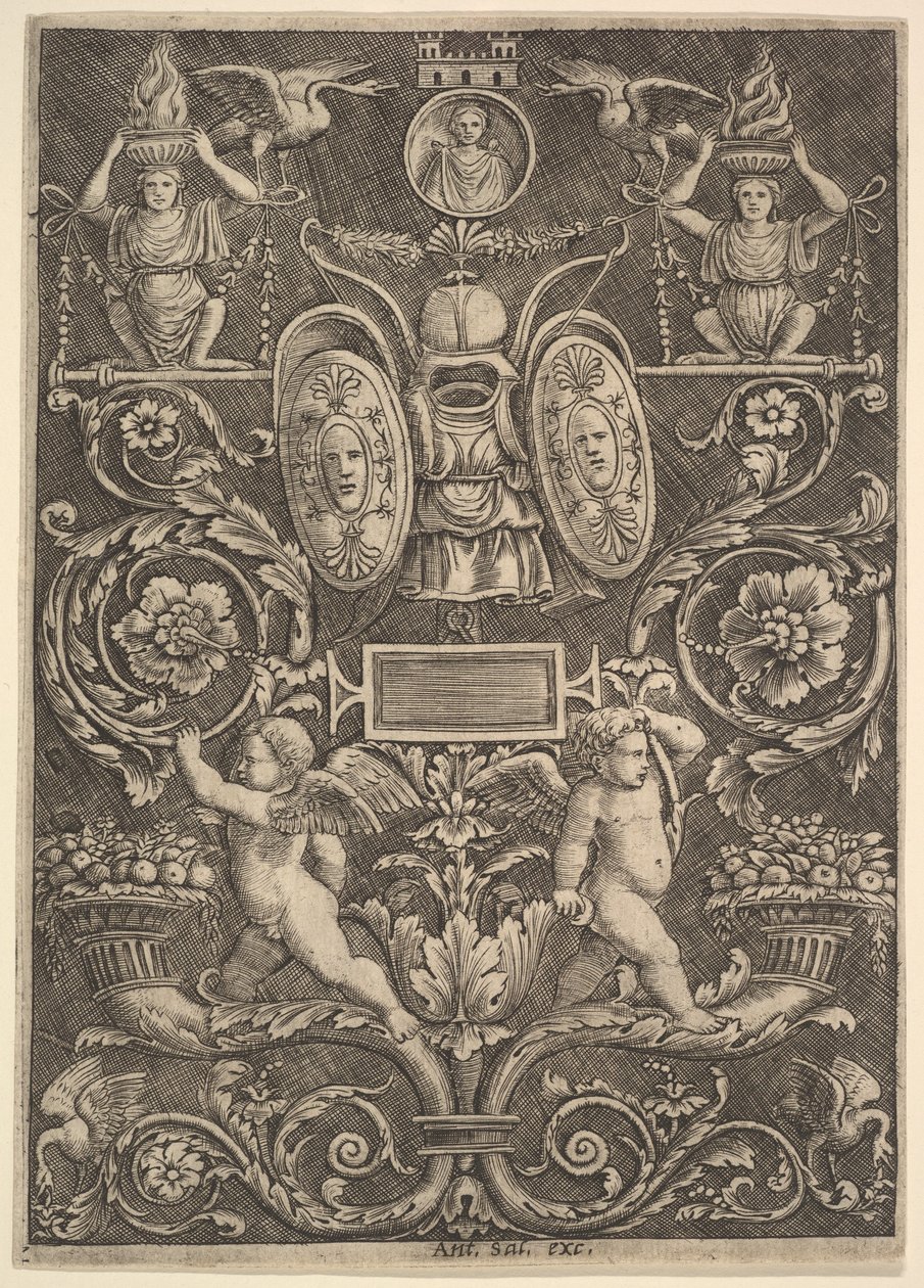Panel ornamentu, putti stojící na roh hojnosti v dolní části, 1530-60. od Master of the Die