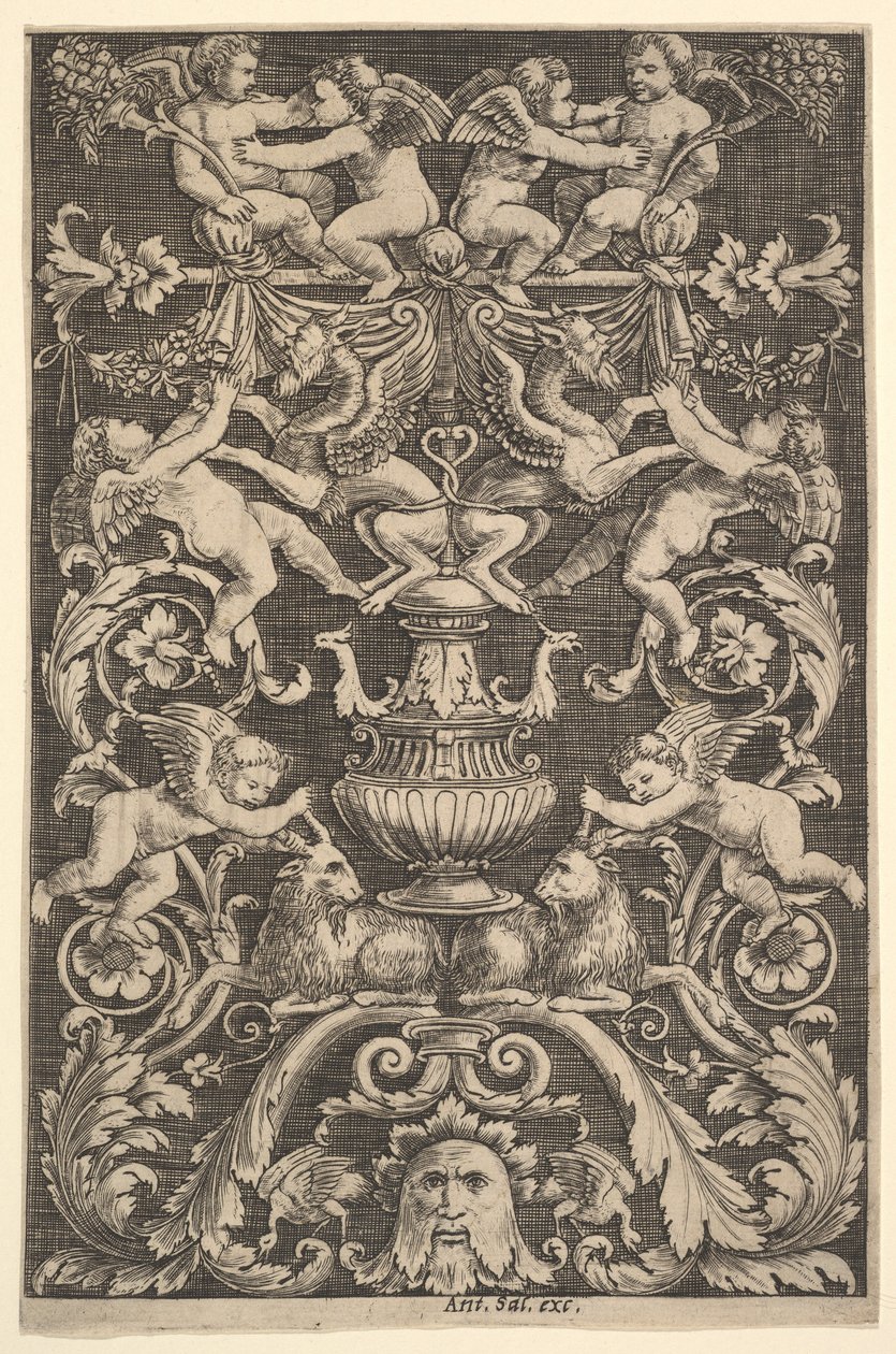 Deska ornamentu s putti, kozou a jinými figurami, 1530-60. od Master of the Die