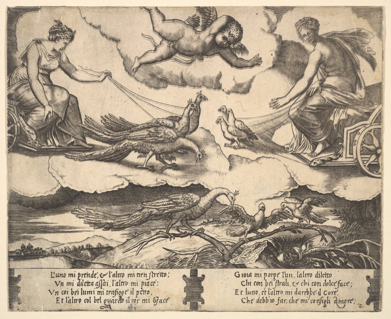 Alegorie manželství a lásky, Juno ve voze taženém pávy vlevo, Venuše v ..., 1530-60. od Master of the Die