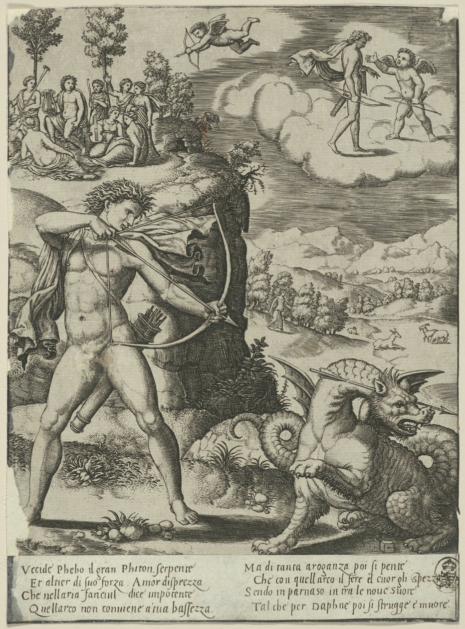Apollo Slaying Python, deska jedna z Historie Apolla a Daphne