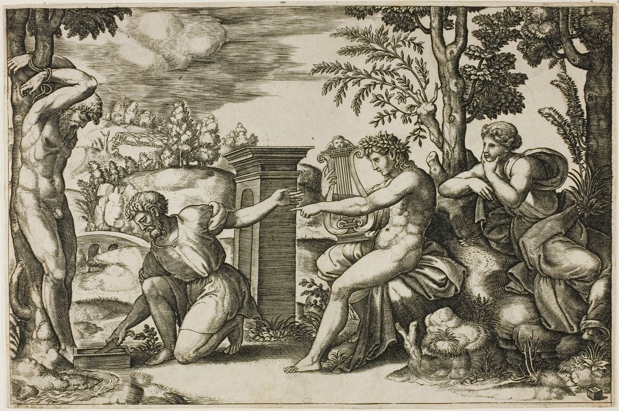Apollo a Marsyas od Master of the Die