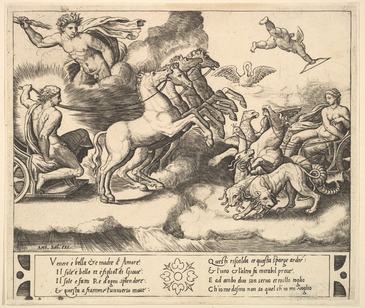 Apollo na svém voze taženém koněm vlevo, nad ním nad Jupiterem hází hrom..., 1530-60. od Master of the Die