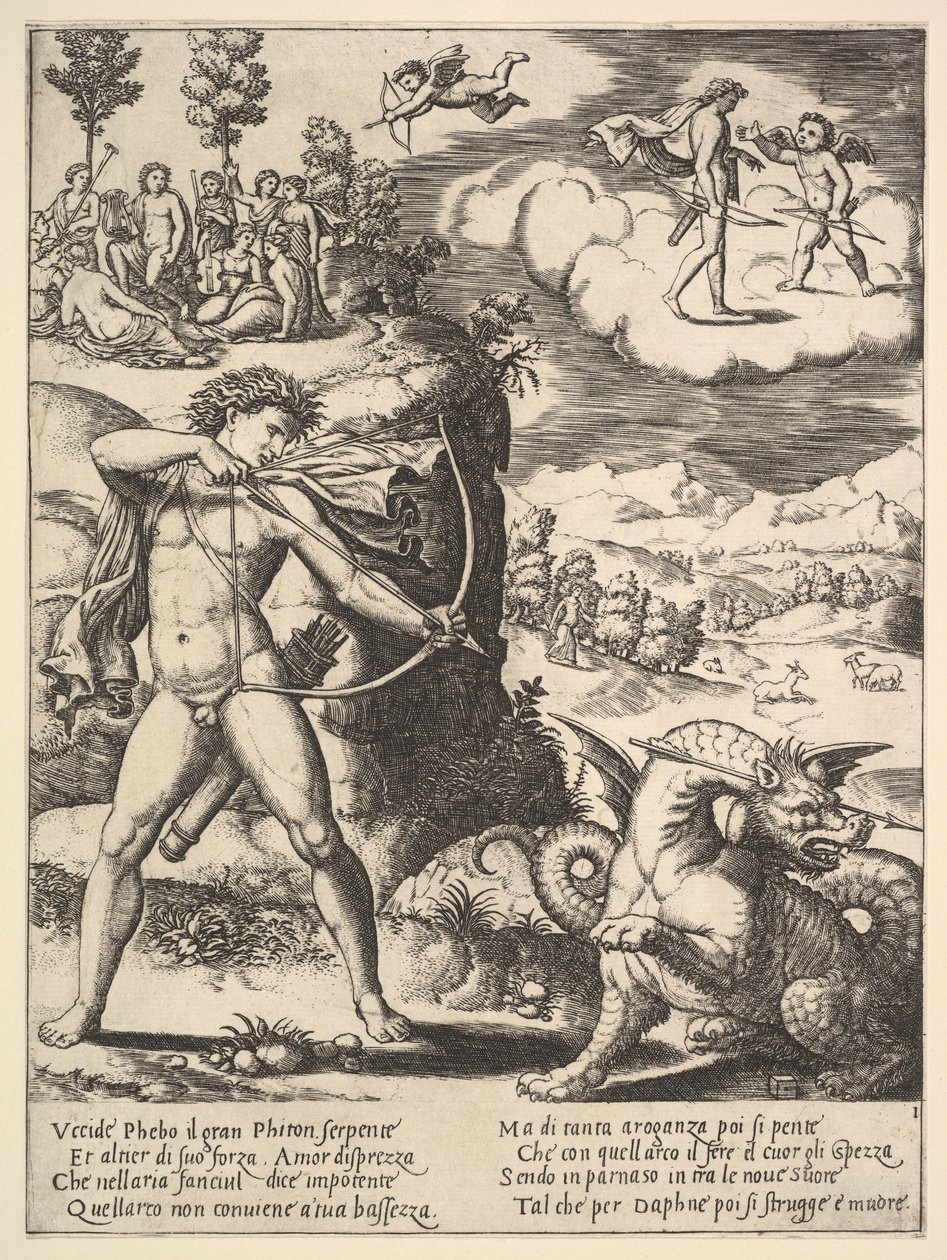 Apollo stojící vlevo střílí na krajtu šípem, nahoře vlevo jsou múzy..., 1530-60. od Master of the Die