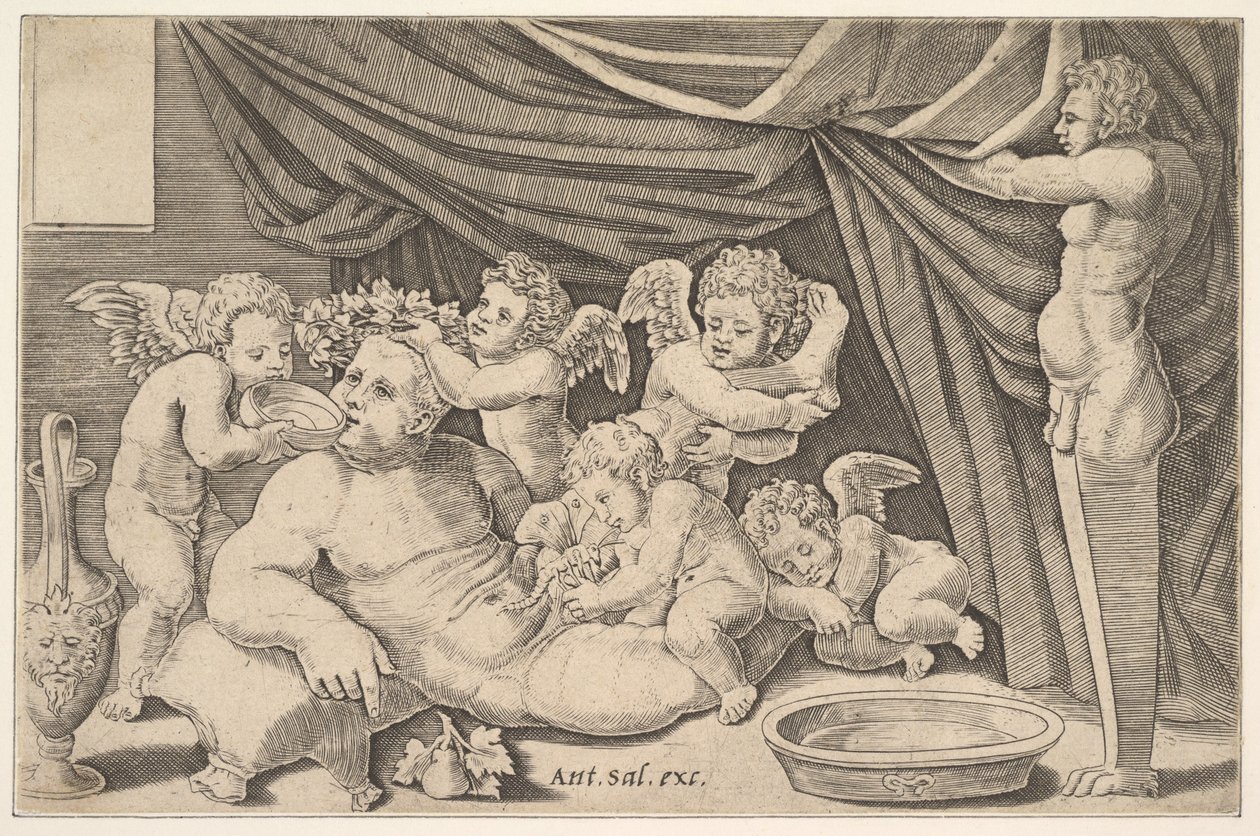Bacchus obklopený Puttim, socha Priapa vpravo, 1530-60. od Master of the Die