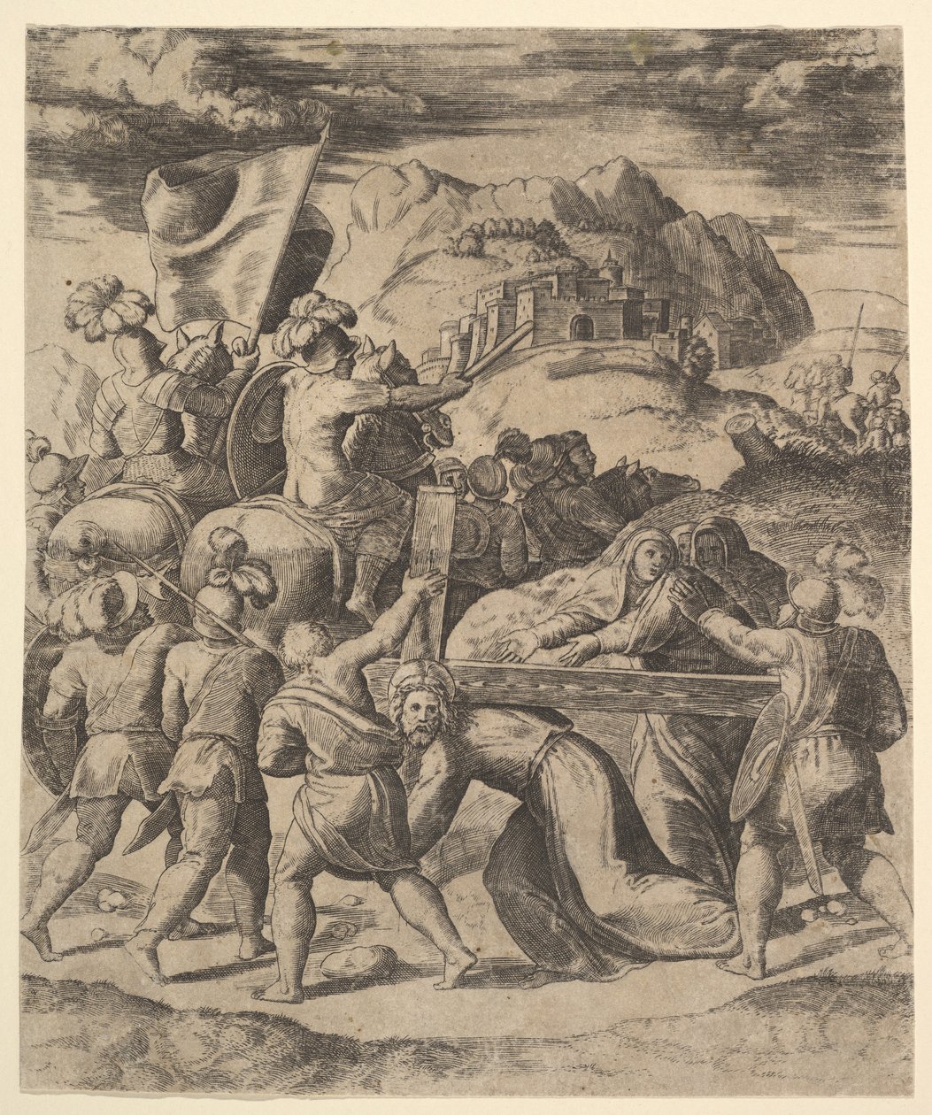 Kristus nesoucí kříž obklopený vojáky, několik na koních, 1530-60. od Master of the Die