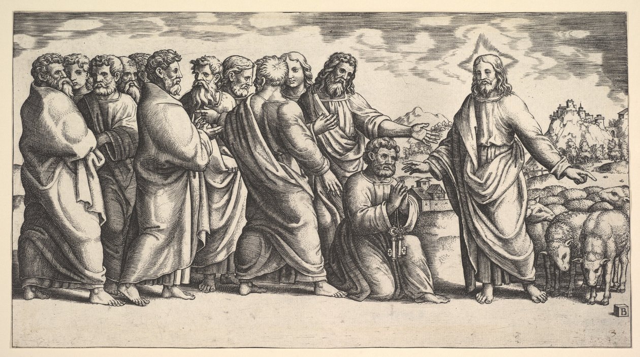 Kristus stojící vlevo ukazuje na stádo ovcí, před ním klečí sv. Petr hol..., 1530-60. od Master of the Die