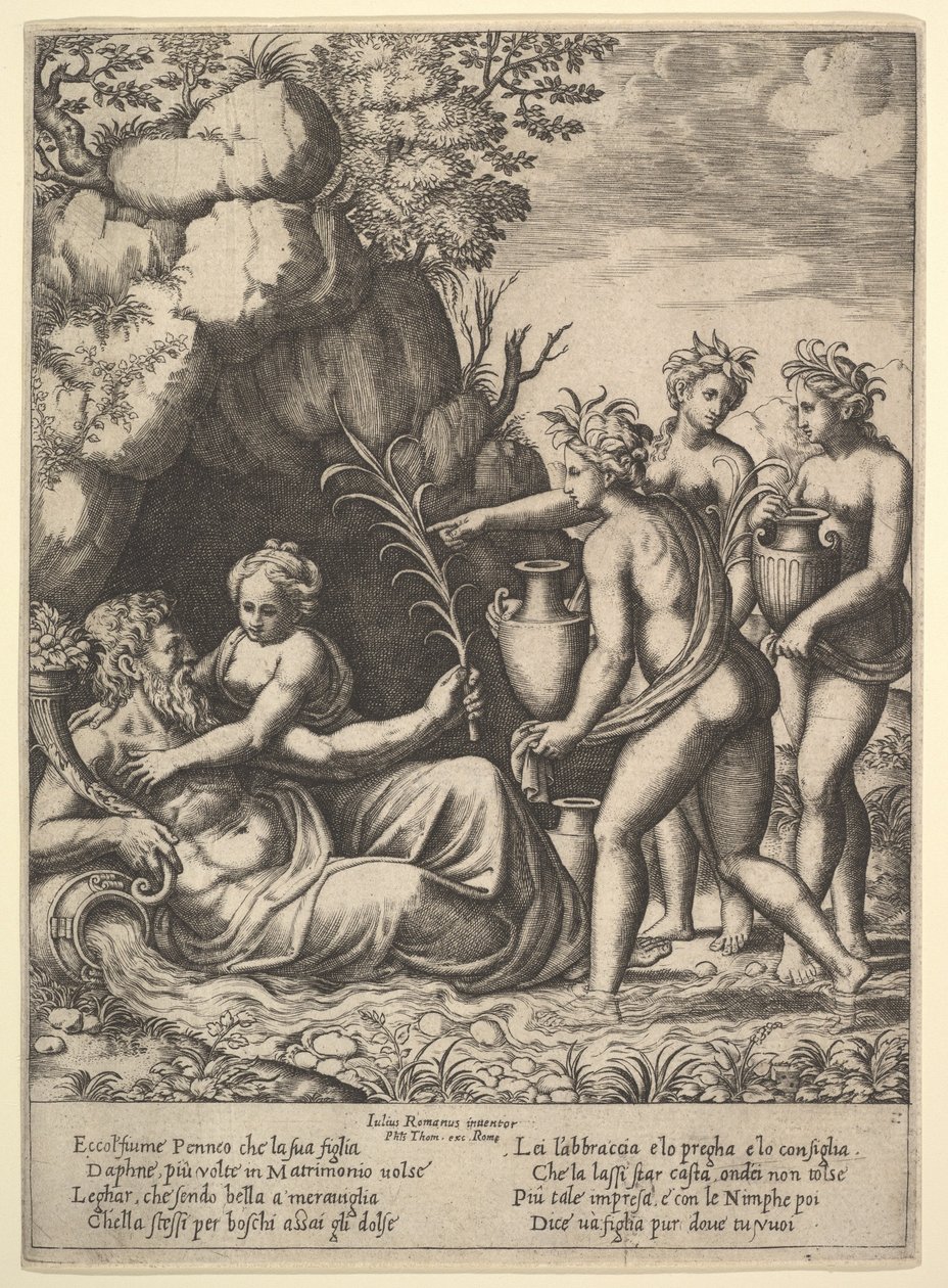 Daphne objímá svého otce, říčního boha Penea, vlevo tři nymfy přinášejí sklenice ..., 1530-60. od Master of the Die