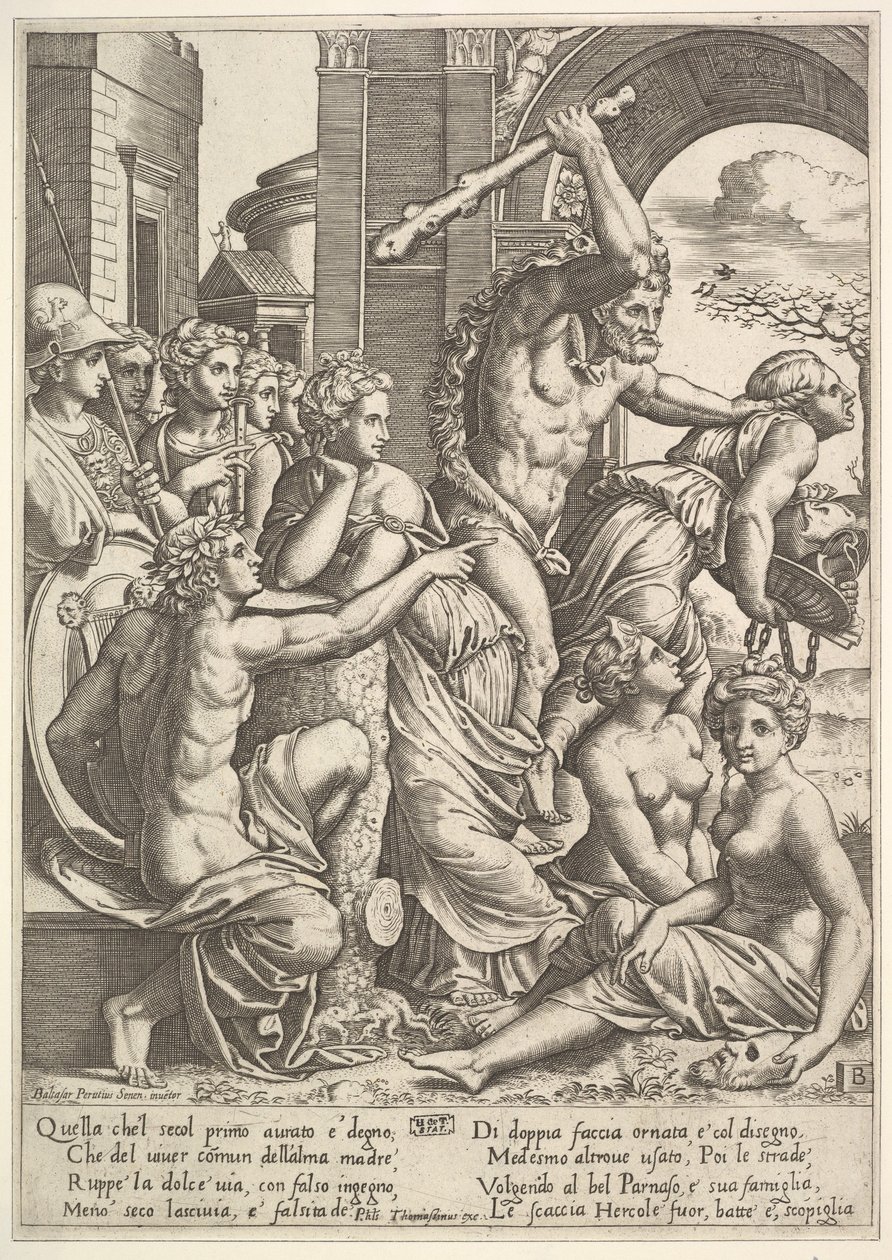 Závist nebo hrabivost vpravo vyháněna z chrámu Múz Herkulem, který ..., 1530-60. od Master of the Die