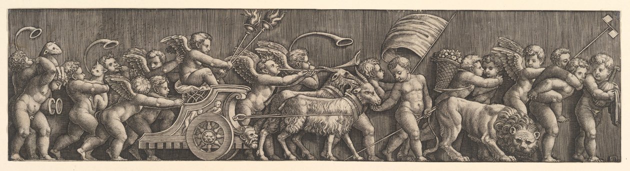 Vlysové aranžmá zobrazující Triumf lásky, Amor ve voze vedeném kozami, muž..., 1530-60. od Master of the Die