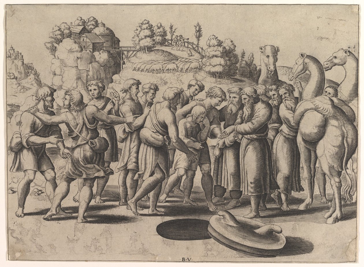 Josefa uprostřed prodávají jeho bratři stojící nad studnou, vpravo velbloudi, 1533. od Master of the Die