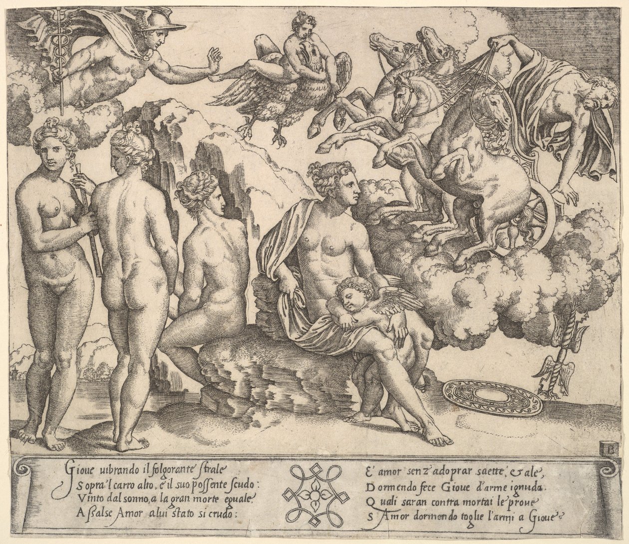 Jupiter padající z kočáru taženého koněm vpravo, Ganymede v podobě orla..., 1530-60. od Master of the Die
