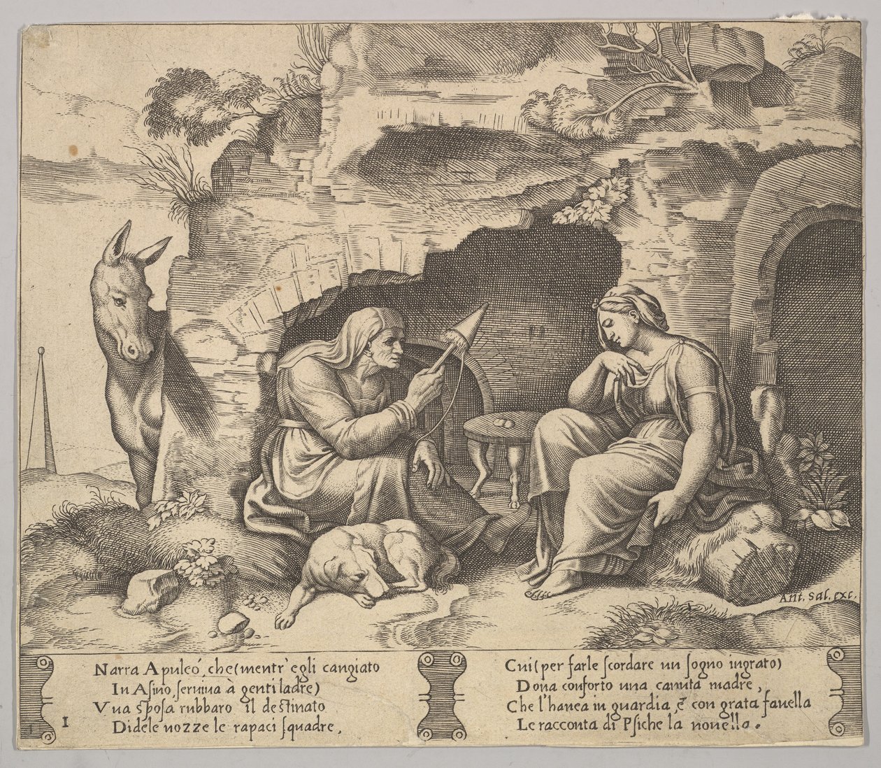 Deska 1: Apuleius se změnil v osla a naslouchal příběhu staré ženy sp..., 1520-70. od Master of the Die