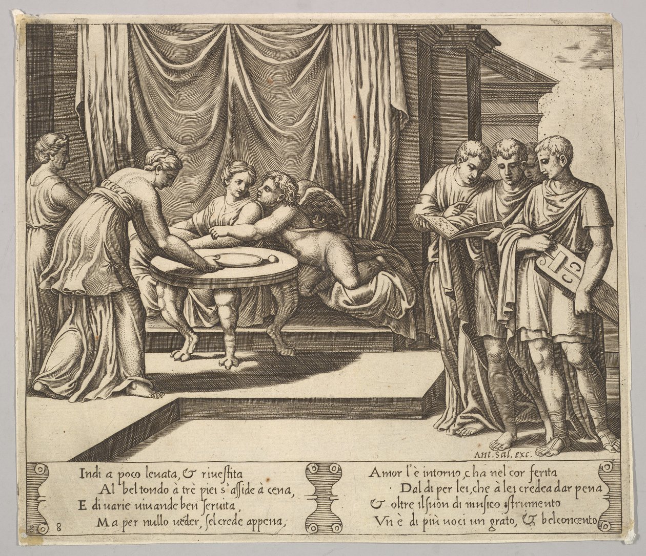 Talíř 8: Psyché sedící u stolu a obsluhovaní neviditelnými služebníky, Eros vedle g..., 1530-60. od Master of the Die