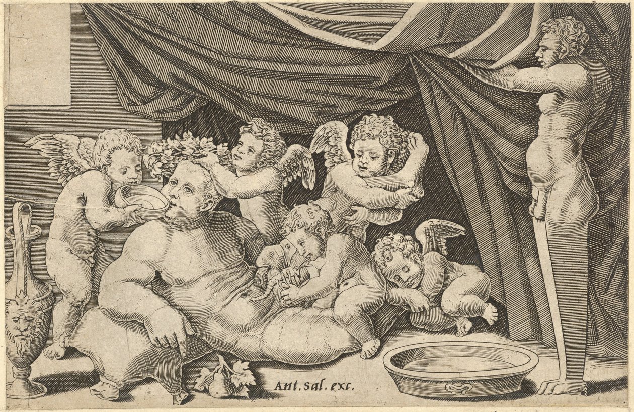 Zrcadlo římské velkoleposti: Bacchus Obklopen Putti s Priapem držícím ..., 16. století. od Master of the Die