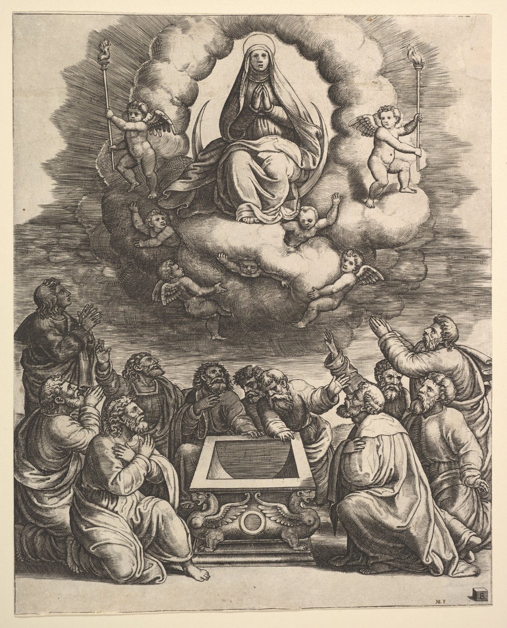 Nanebevzetí Panny Marie, dole kolem hrobu apoštolů, 1530-60. od Master of the Die