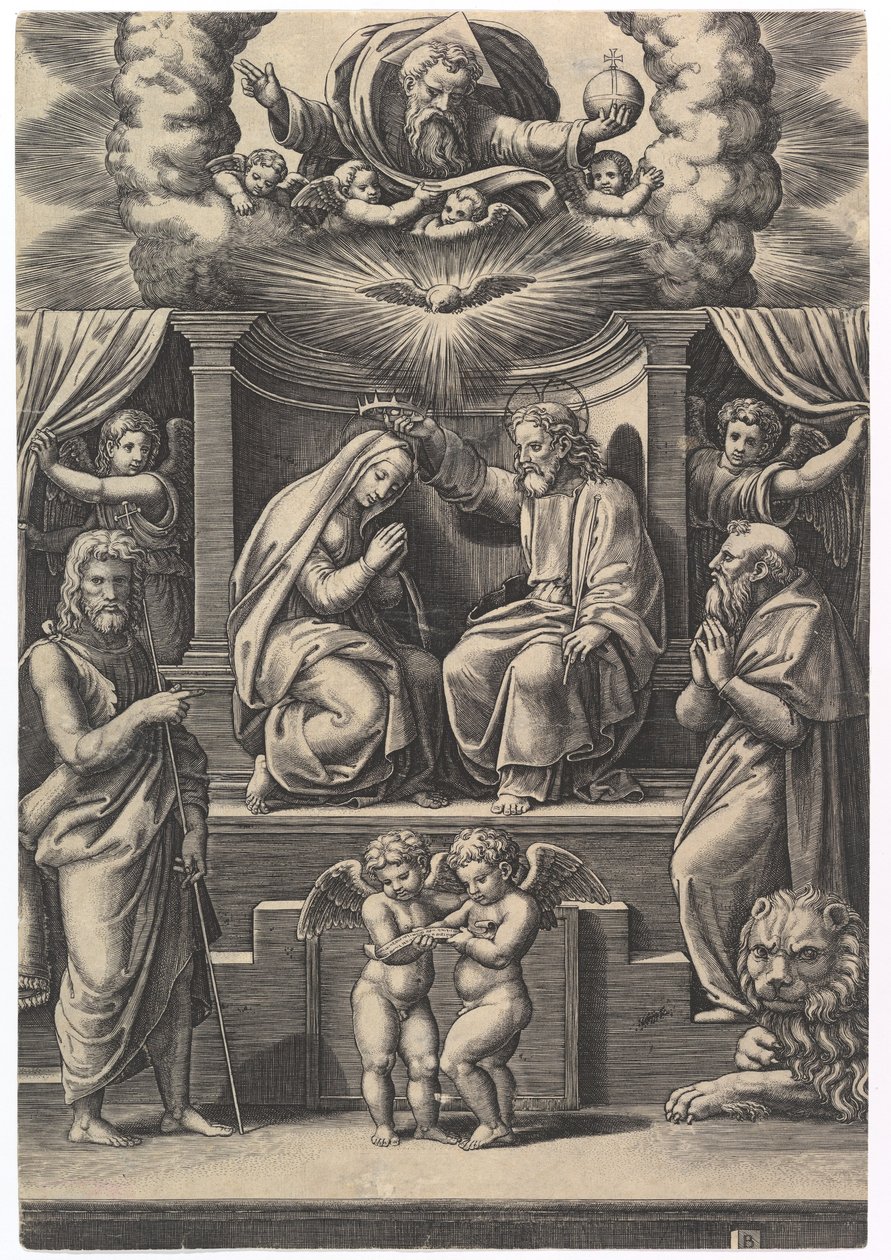 Korunovace Panny Marie, vlevo dole stojí sv. Jan Křtitel, vpravo dole ..., 1530-60. od Master of the Die
