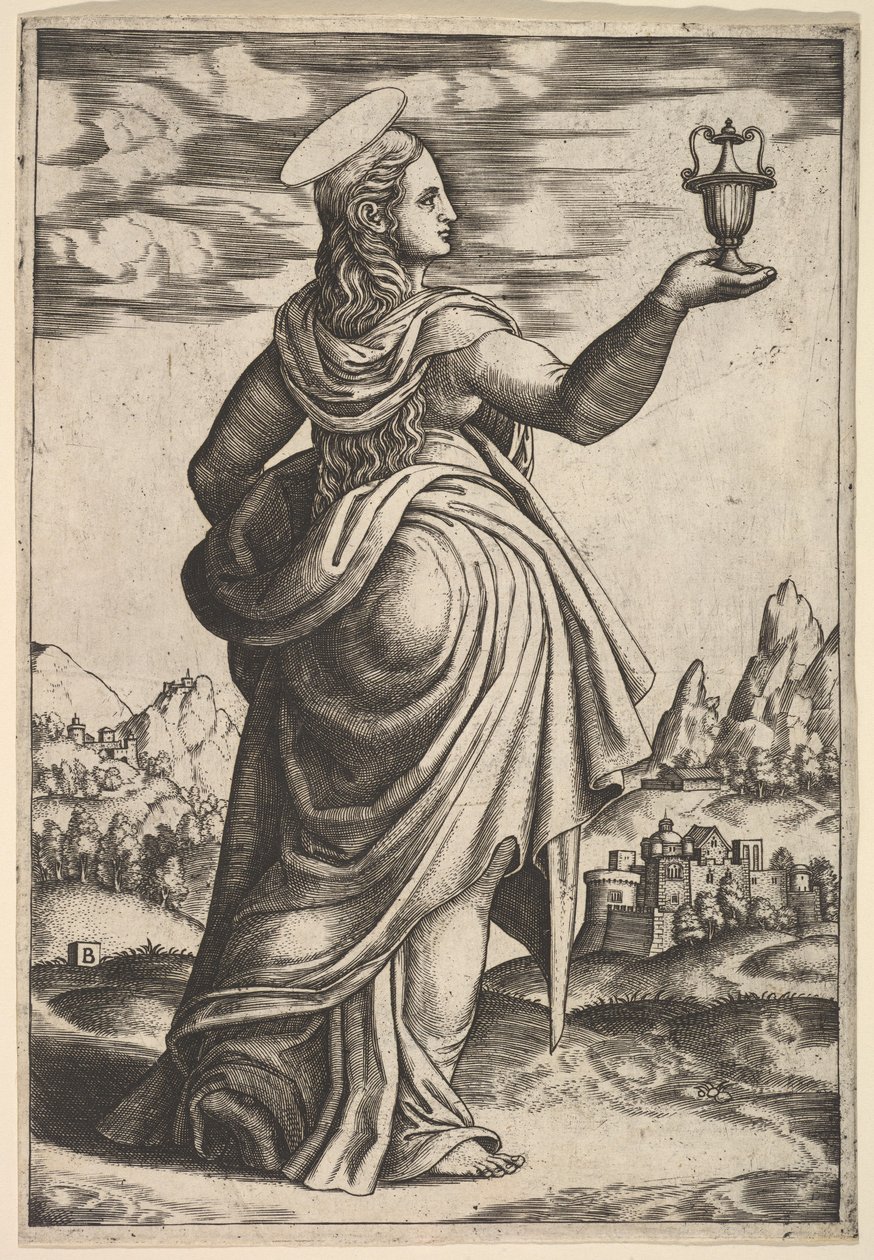 Magdalena stojící čelem doprava, sklenice držená ve zvednuté pravé ruce, 1530-60. od Master of the Die