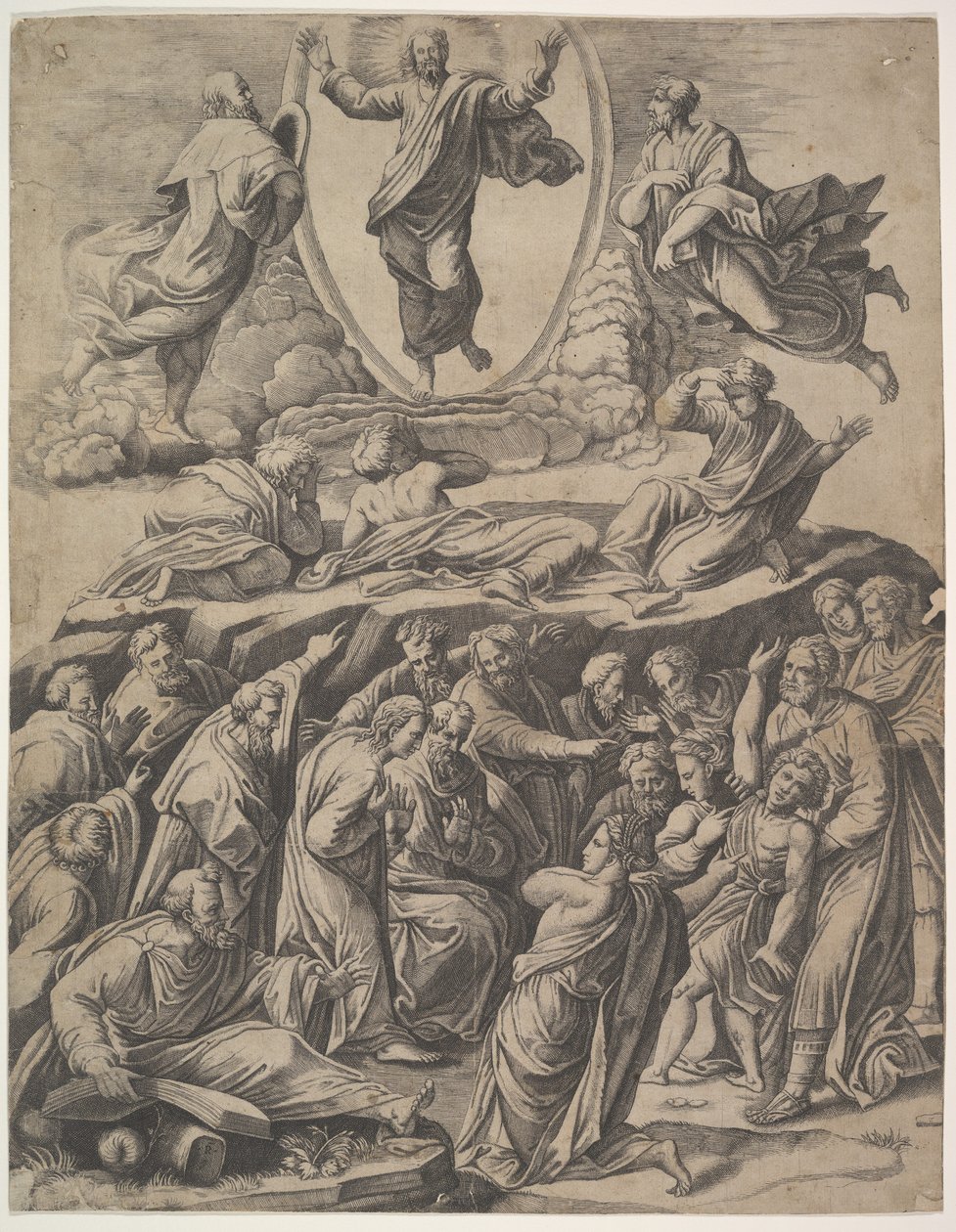 Proměnění Krista, které se objevuje nahoře uprostřed, pod ním různé postavy včetně..., 1530-60. od Master of the Die