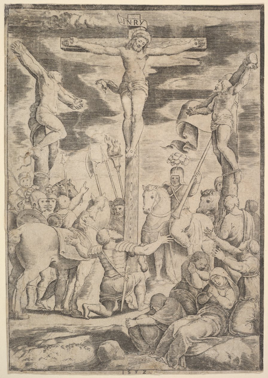 Obrácení setníka, který rozpřáhl ruce před Kristem na kříži, 1532. od Master of the Die