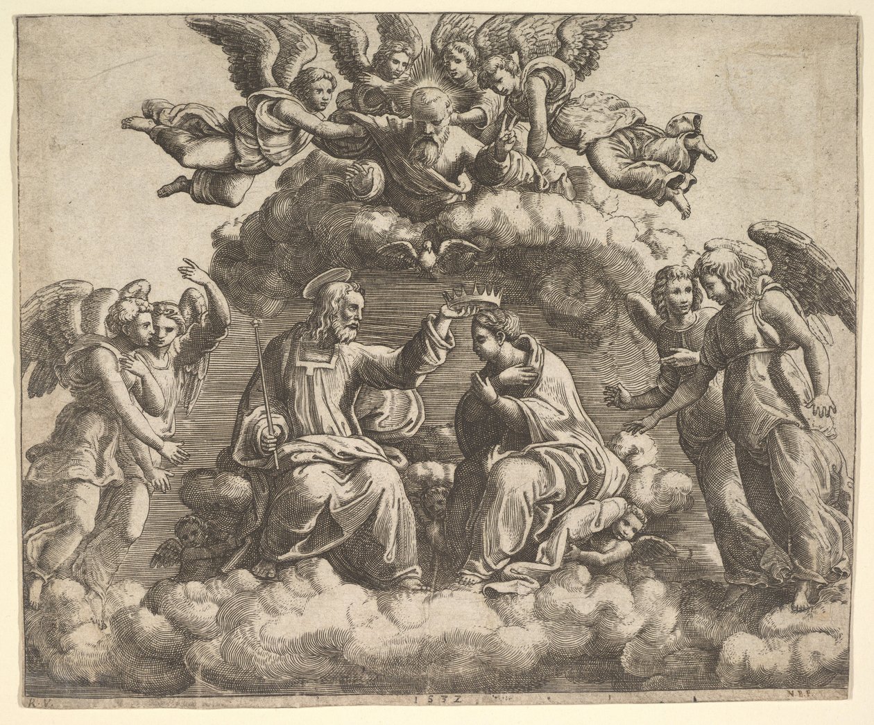 Korunovace Panny Marie, Kristus drží korunu nad její hlavou, Bůh Otec žehnej..., 1532. od Master of the Die