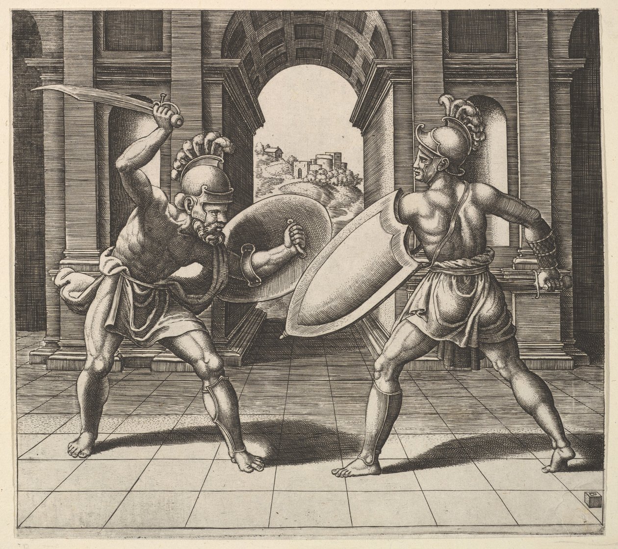 Dva gladiátoři bojující před obloukem, 1530-60. od Master of the Die