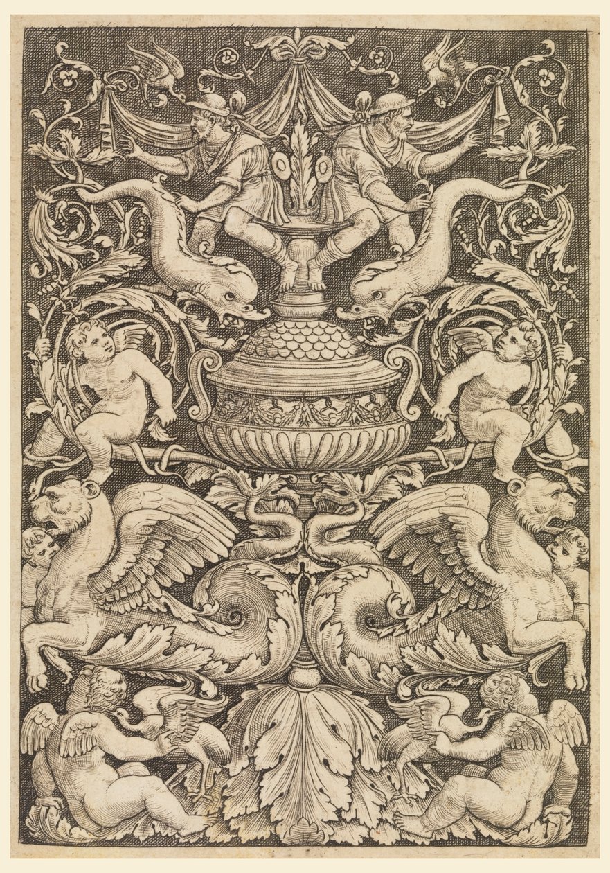 Groteska s delfíny a okřídlenými lvy od Master of the Die, Italian or German, 1530 1560
