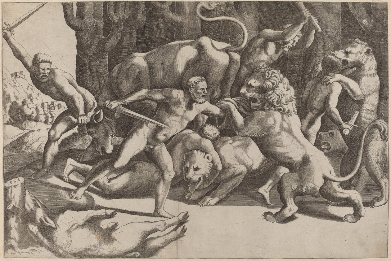 Pět mužů bojujících se bestiemi od Master of the Die after Giulio Romano