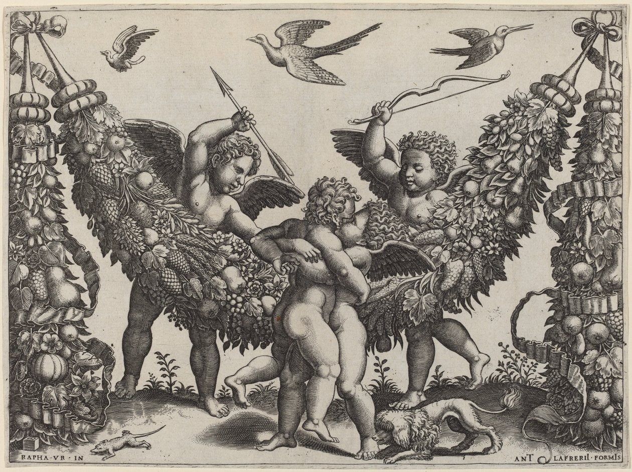 Dva Putti... Narážejí na druhého, kdo mačká dítě od Master of the Die after Raphael