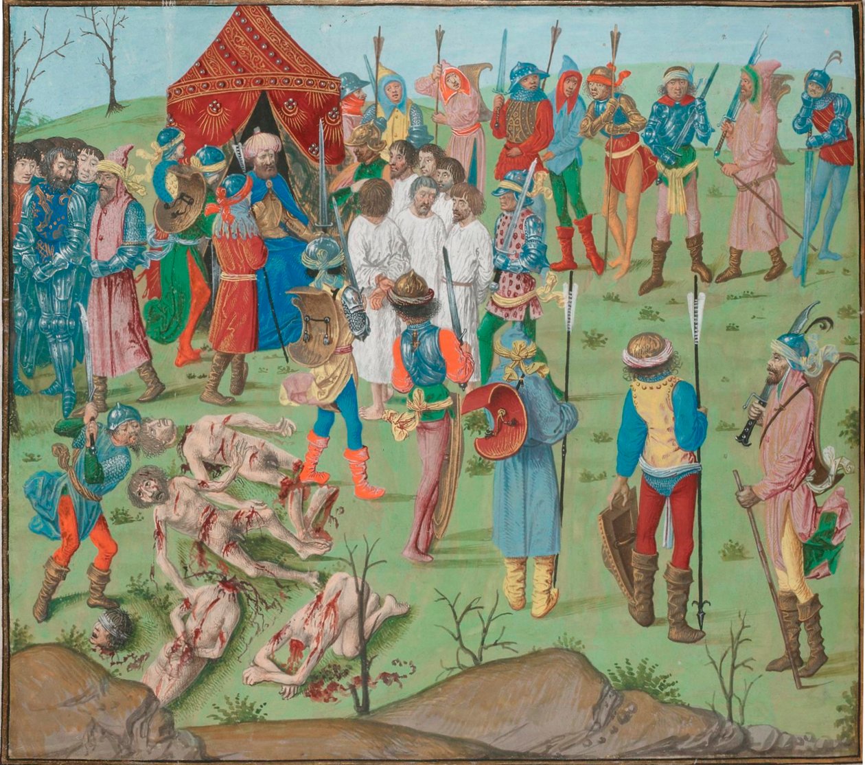 Následky bitvy u Nikopole Masakr křesťanů jako odplata za masakr v Rahově. Jean Froissart, Kroniky, Flandry, Bruggy od Master of the Dresden Prayer Book