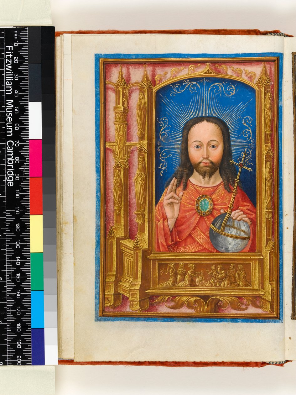 Iluminovaný rukopis. Kniha hodin, folia 13 verso: Salve sancta facies, Kristus jako Salvator mundi držící kouli a požehnání, architektonická hranice se světci ve výklencích a sv. Veronikou s Vernicle, 1510 od Master of the Dresden Prayer Book