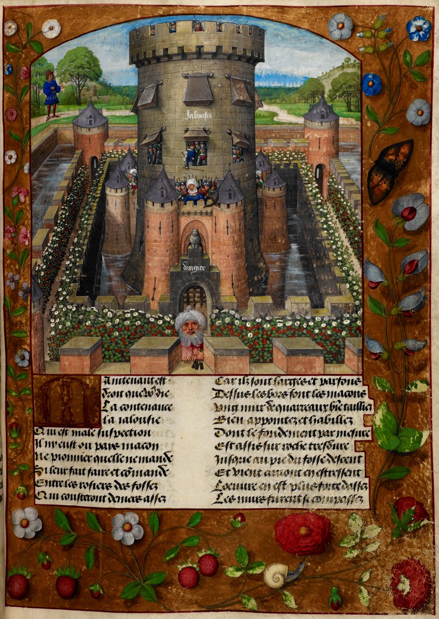 Bel Acueil (Fair Welcome) uvězněný Jalousie (Žárlivost) ve věži hlídané vojáky, z 