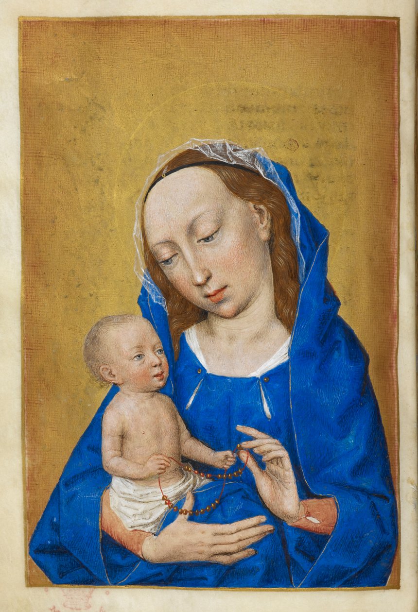 Hodiny Panny Marie o adventu. Panna a dítě si hrají s korálkovým náhrdelníkem. od Master of the Dresden Prayer Books