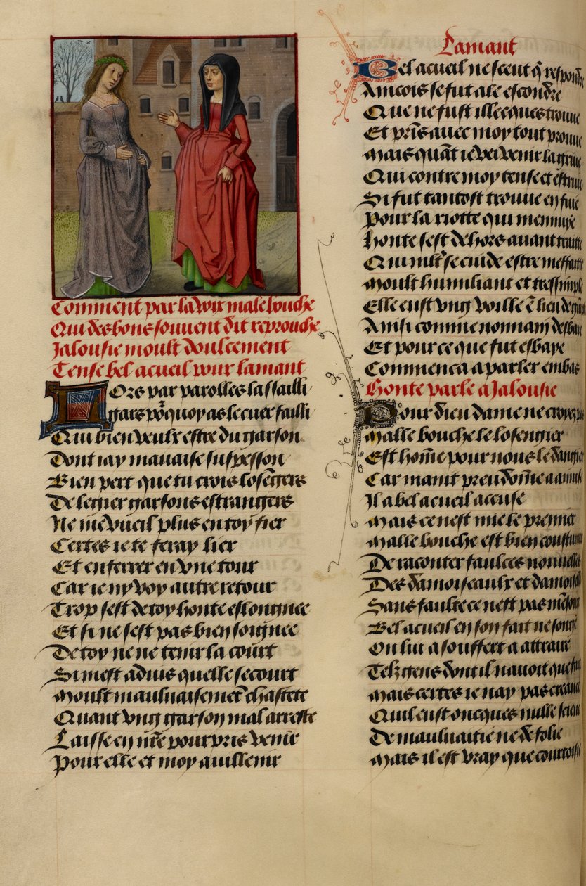 Miniaturní ukazuje Jalousie (Žárlivost) mluvící s Bel Accueilem (Fair Welcome) z filmu „Le Roman de la Rose“ od Master of the Dresden Prayer Books