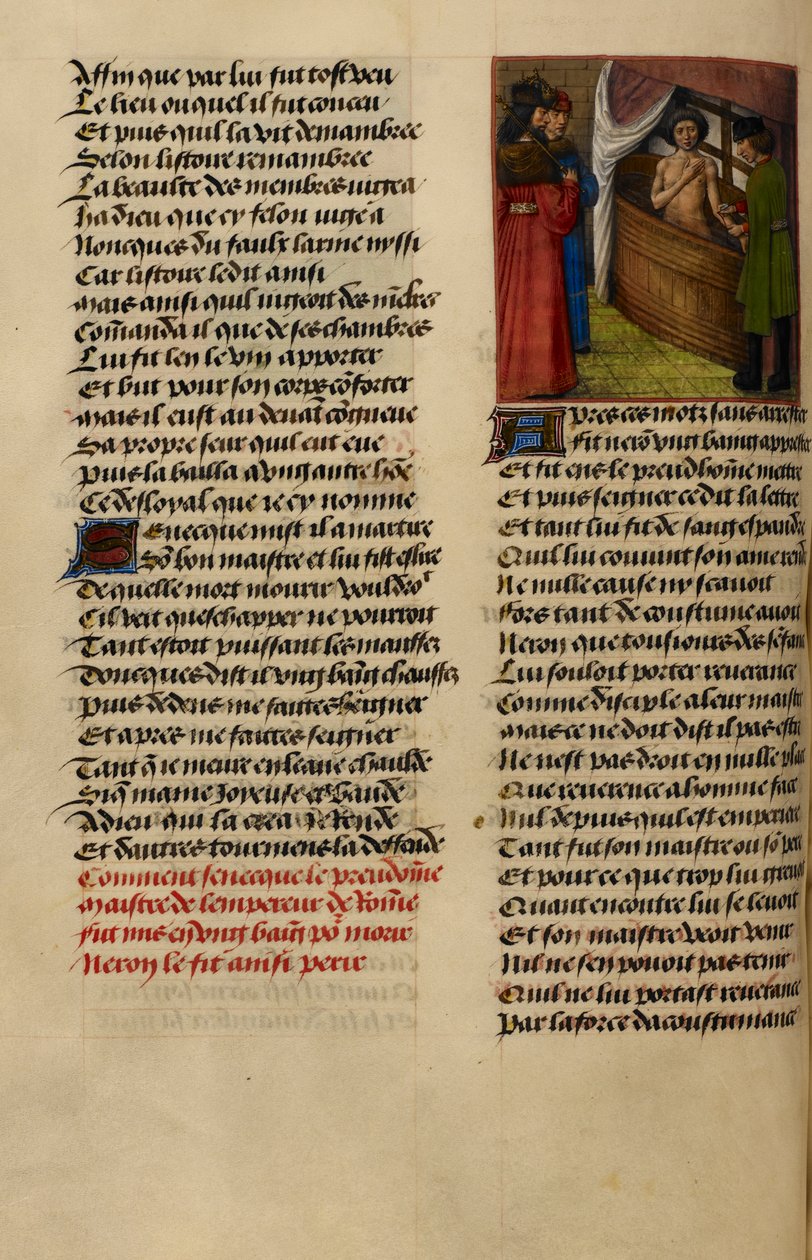 Miniaturní ukazuje Nera, jak sleduje Senekova zápěstí, jak se řežou v jeho lázni z filmu „Le Roman de la Rose“ od Master of the Dresden Prayer Books