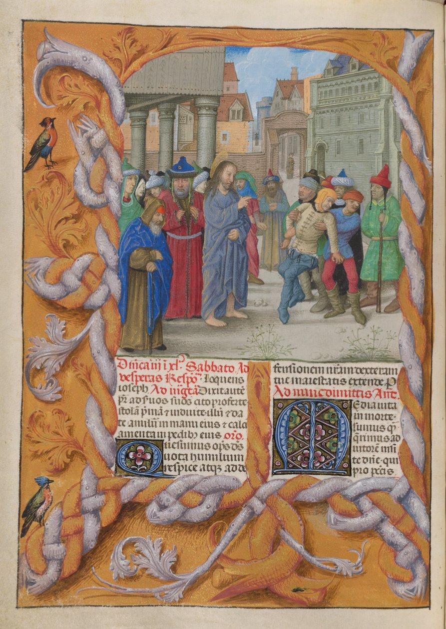 Temporale (1. část: od první neděle adventní do Bílé soboty). Kristus vyhání němého ďábla (třetí neděle postní). Ohraničení a dva sloupce textu s iniciálami. od Master of the Dresden Prayer Books